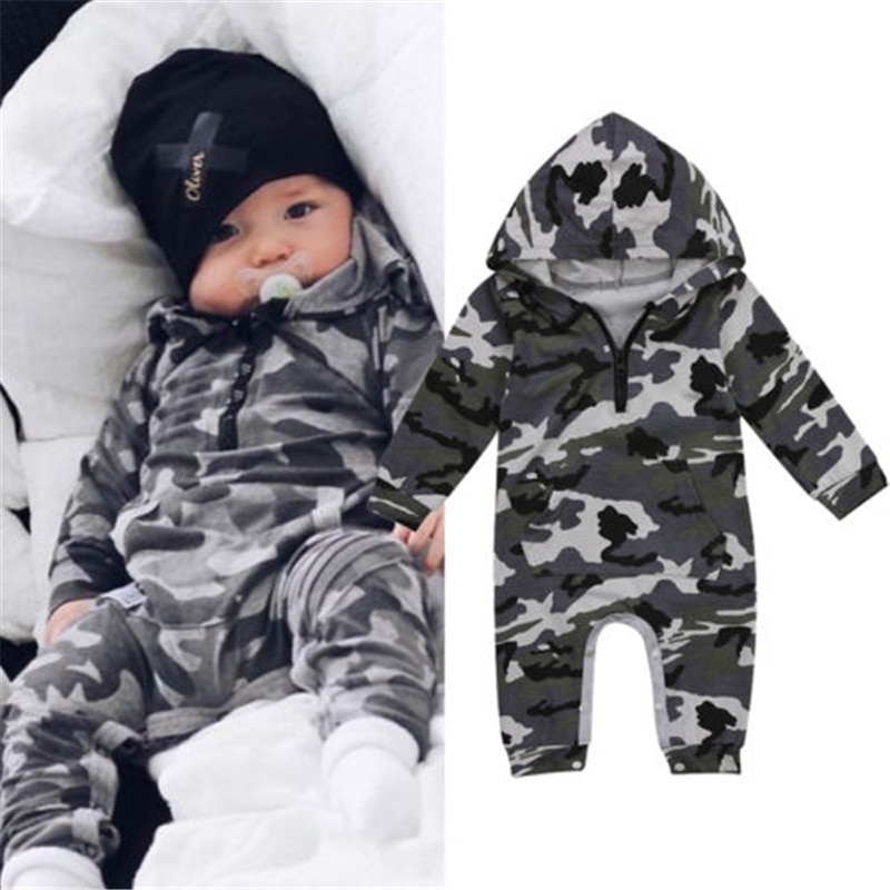 Infantile bébé garçon à capuche Camouflage barboteuse -né bébé Camouflage à manches longues automne combinaison tenue garçons vêtements