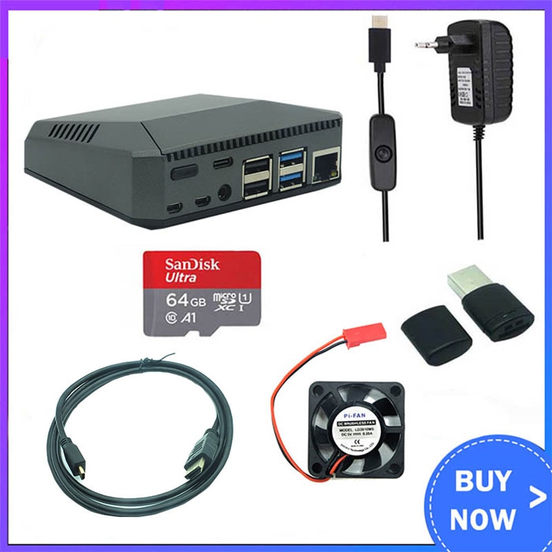 Raspberry Pi 4 Model B Case Aluminum Metal ABS Box Shell with Power Switch + Cooling Fan + Heat Sinks+Power for Raspberry Pi 4