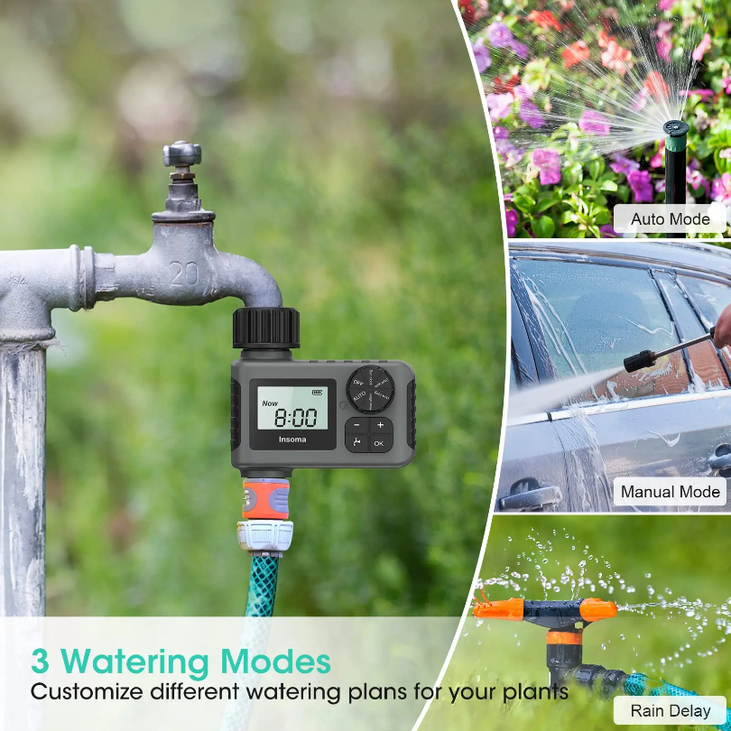 Temporizador de agua automático Insoma, sistema de riego inteligente, temporizador de aspersor, equipo programador de jardín, pantalla LCD IPX7