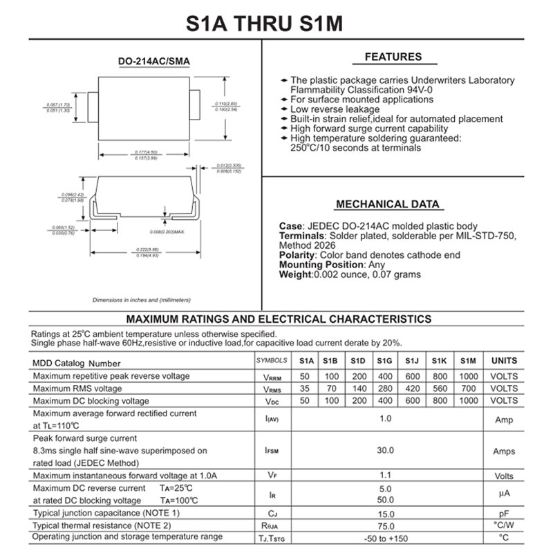 50Pcs SMD Rectifier Diode S1A S3M S1D S1G S2M S1M 3A 50V 100V 200V 400V 600V 800V 1000V SMA DO-214AC