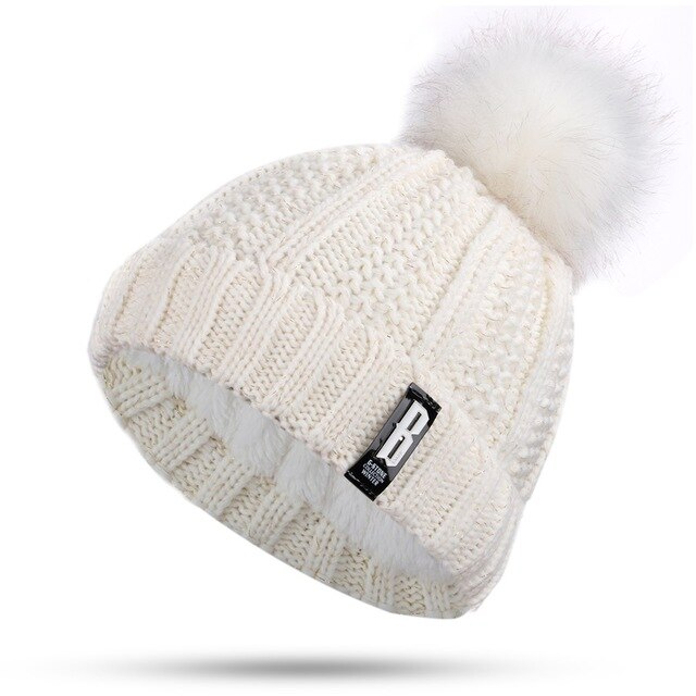 Dikke voering plus fluwelen winter dames pompon gebreide muts ring sjaal sets dames merk mutsen mutsen warme dames ring sjaal: Wit -2