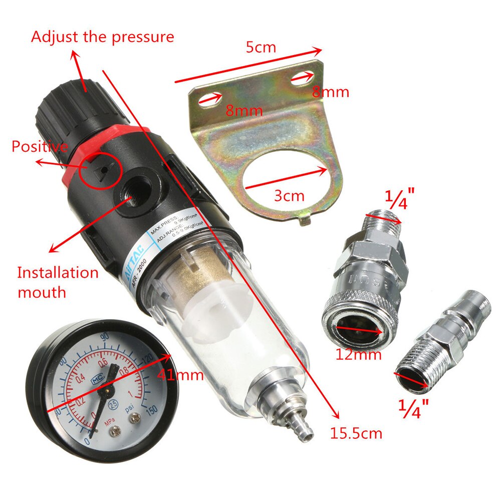 Biltilbehør 1/4 '' luftkompressor filter vandudskiller fældeværktøjssæt med reguleringsmåler universal