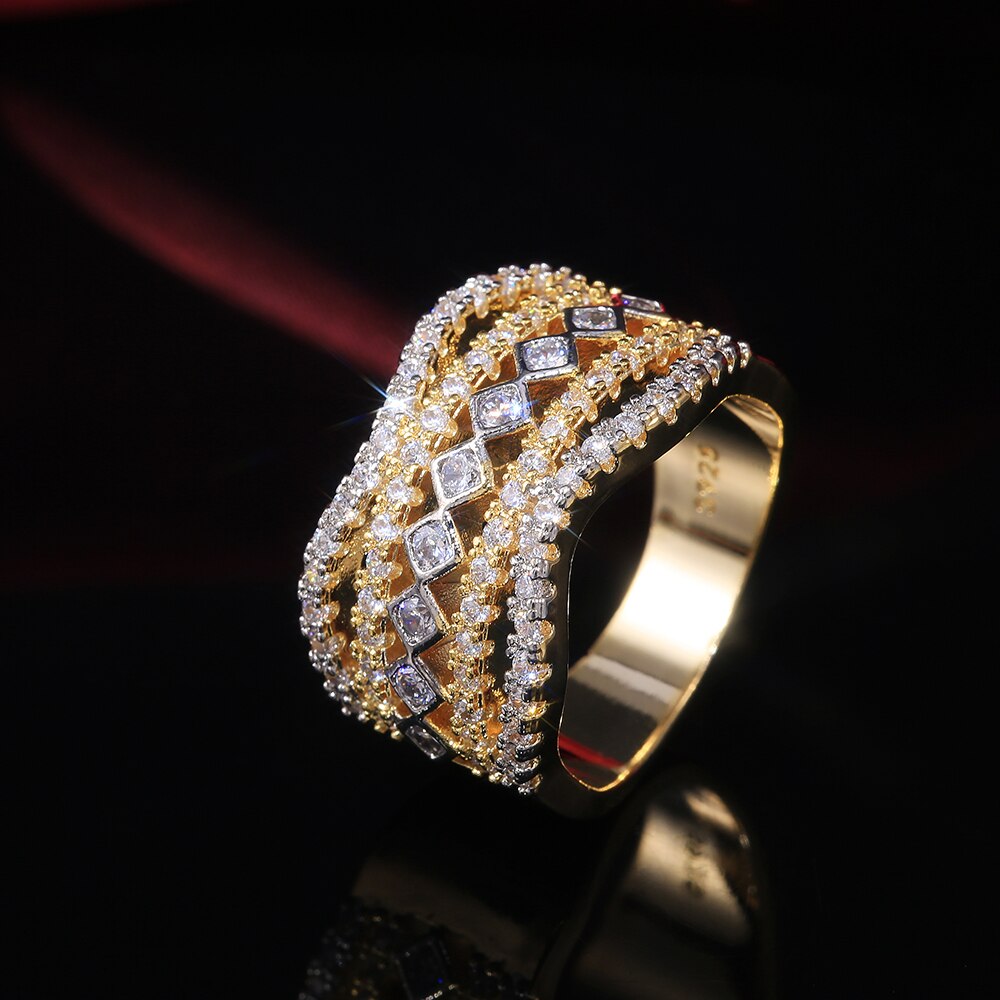 Huitan Gorgeous Geometric Hollow Shape Ethnic Wedding Women Ring 5 Row Full Bling Iced Out CZ Jewelry Noble Female