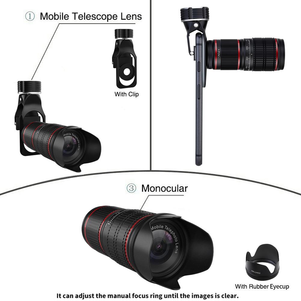 Phone Camera Lens Kit Universal Wide-angle Lens Set 20X Optical Zoom Lens Telescope Telephoto Clip on for Mobile Phone Camera