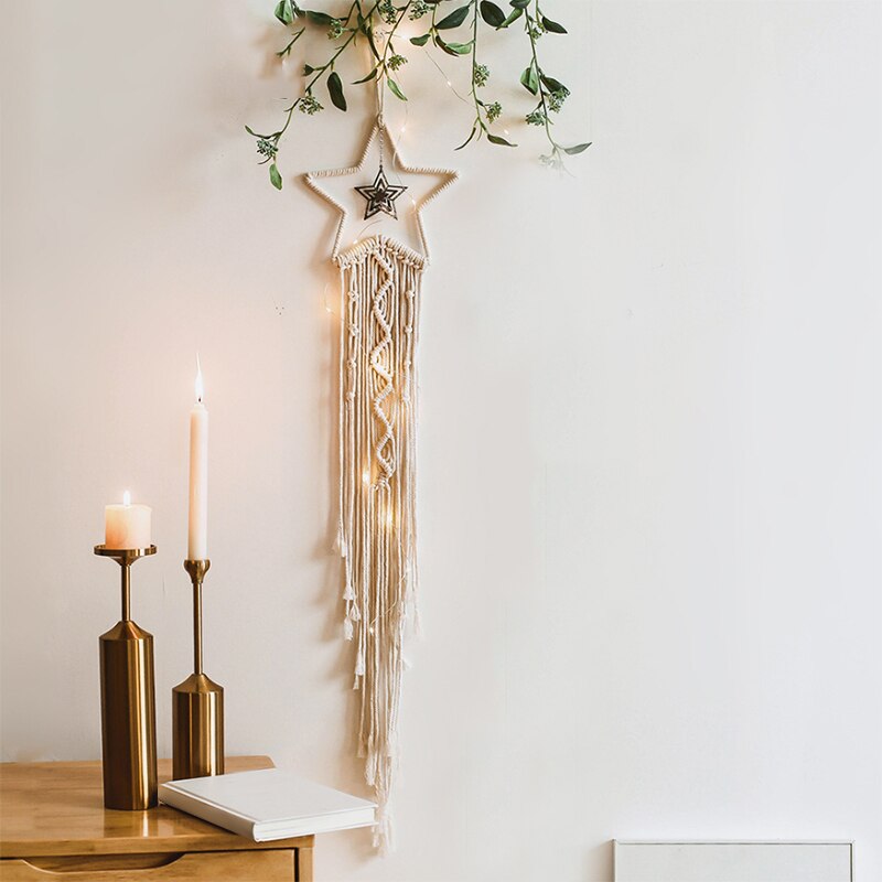 Shiwaki 2 stks Macrame Muur Opknoping Ster Maan Dream Catcher Tapestry Bohemian Home Decor Handgemaakte Geweven Decoratie voor Kamer Thuis Bruiloft