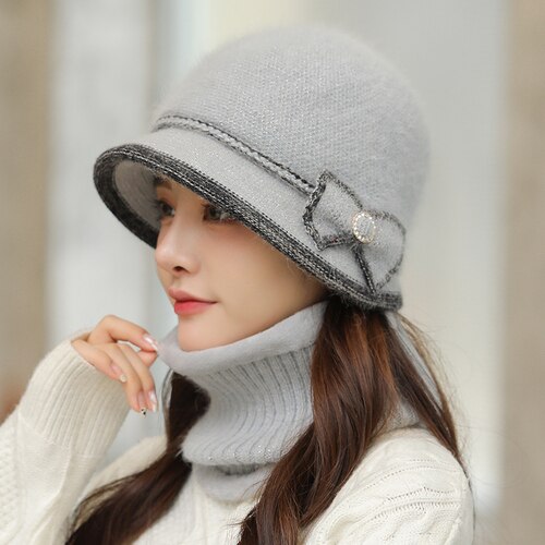 warm Girl Winter Autumn beret hat for women Wool knitted hat for mom Rabbit fur beret solid lady cap fall hat Female cap: gray / Hat-bib