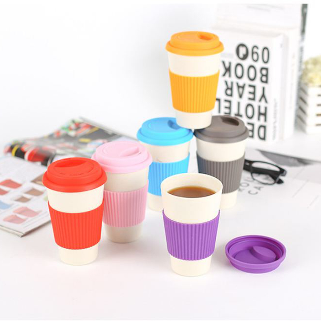 Portable Office Home Bamboo Fiber Coffee Mug Reusable Milk Cup With Lid 400ml