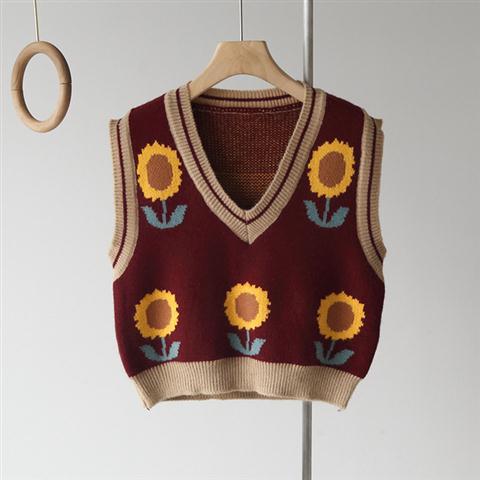 Efterår v-hals ærmeløs vest solsikke farve matchende strik dame sweater harajuku college style pullover kvinde sweater vest: Burgunder