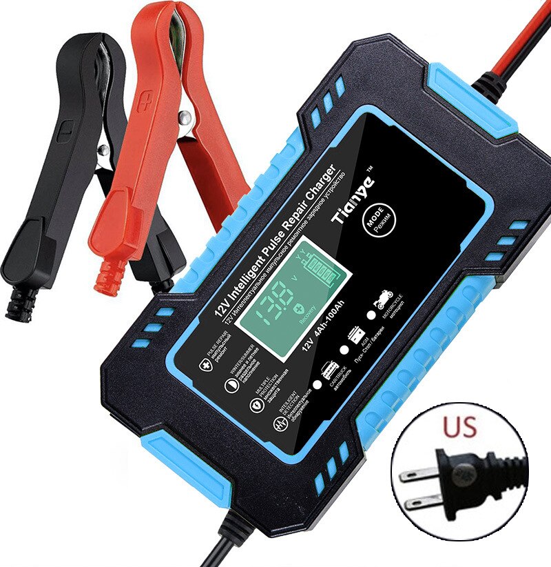 Auto Acculader 12V 6A Intelligent Snel Opladen Puls Reparatie Type Full Auto-Stop Dual-Mode Loodzuur voor Motorfiets: Blue US Plug