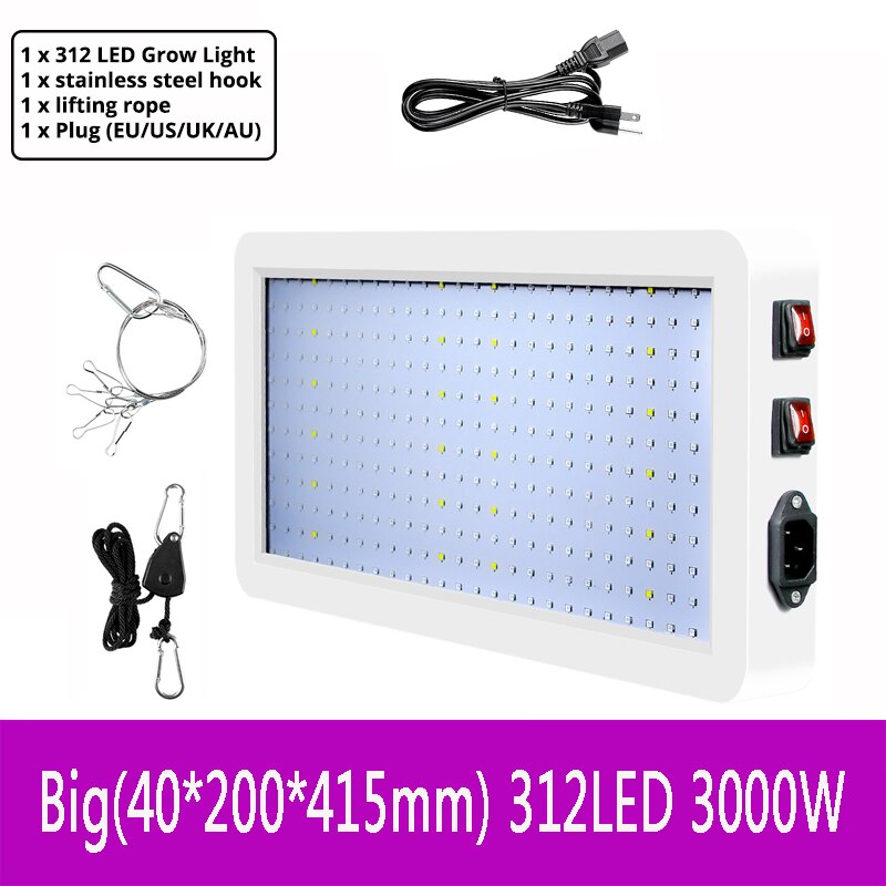 Luz led para plantas, 216/312LED, 2000W/3000W, resistente al agua, espectro completo, luz para crecimiento de plantas y plántulas de invernadero: Big Size / UK