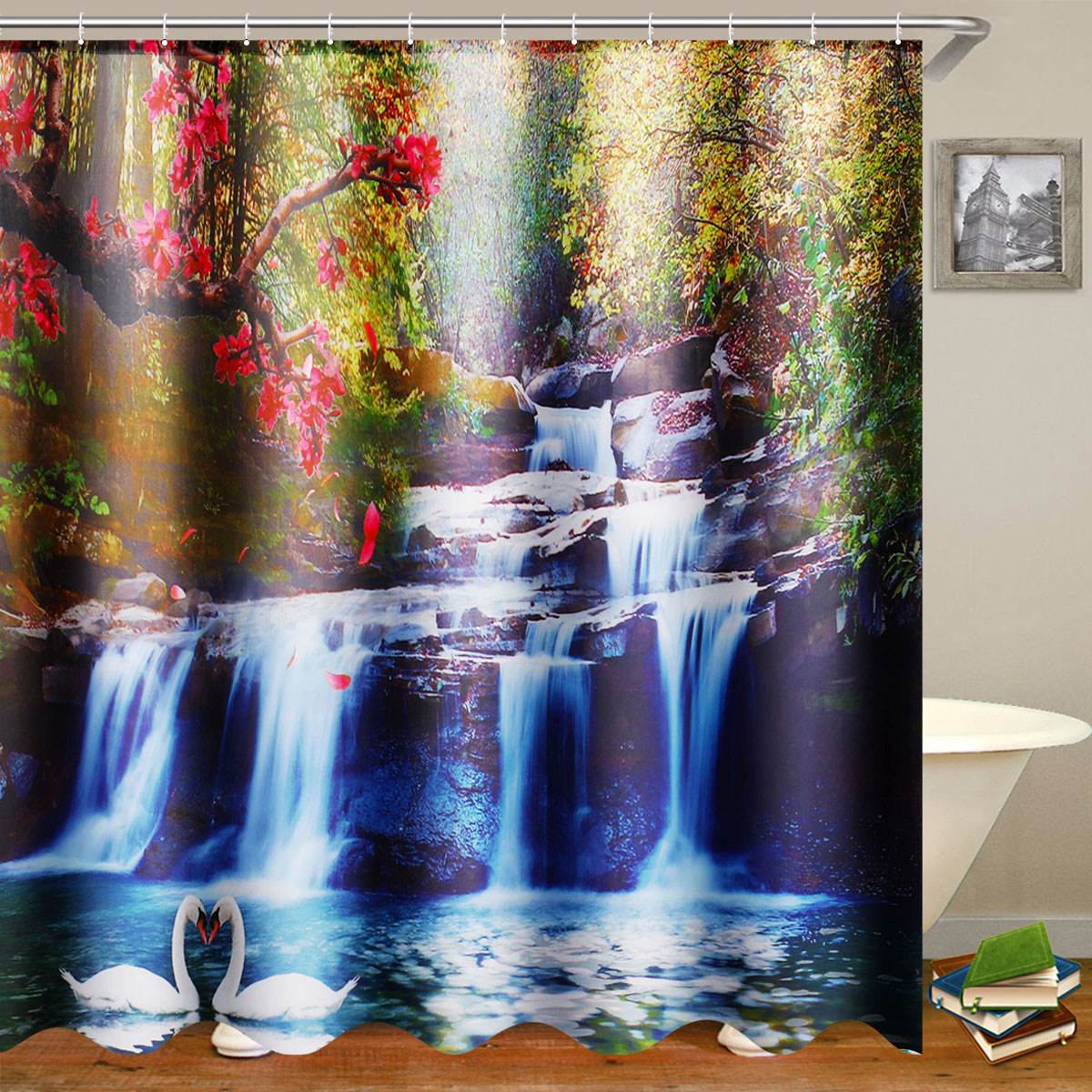 3D Waterval Landschap Waterdicht Douchegordijn Badkamer Landschap Bomen Bloem Badmat Set Voetstuk Tapijt Deksel Wc Cover: G Shower curtain