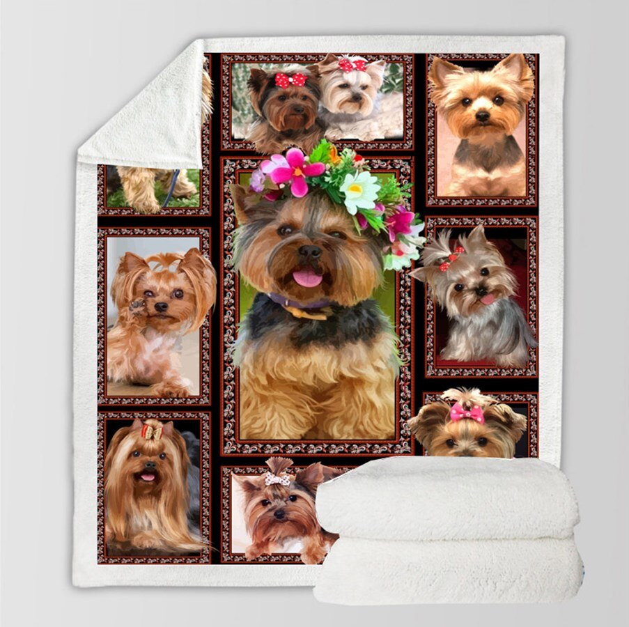 Onglyp 3d søte yorkies kasteteppe varmt behagelig sherpa-teppe til sofa sofaseng reise plysj hjemmeinnredningsteppe jul: type 1 / 150 x 200cm