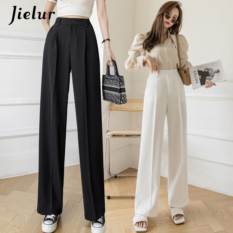 Jielur – Pantalon à jambes larges pour femmes, blanc, taille haute, poches, vêtements de travail décontractés, Ol, noir, s-xl