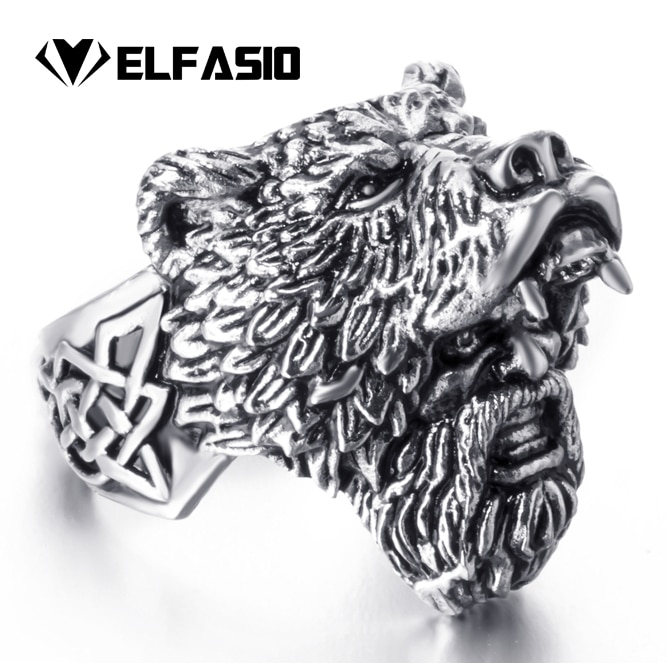 Elfasio Man Stainless Steel Ring Viking Bear Warrior Titanium Silver Black Punk Biker Rings SIze 7-14