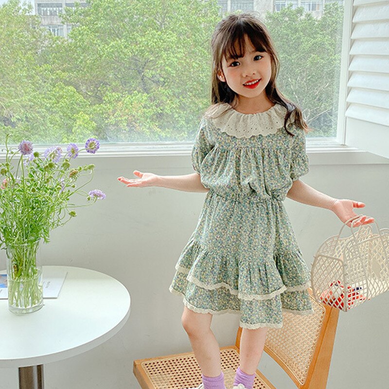 2 to 10 years kids girls summer floral print top with ruffle skirts 2pc set children girl cotton casual clothing set