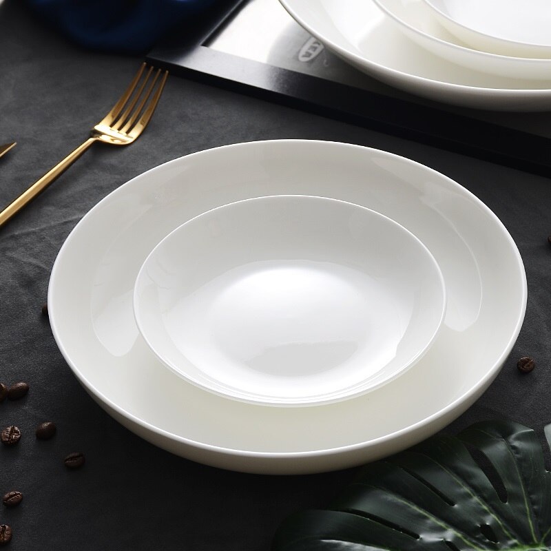 Zuiver Wit Bone Porselein Plaat, Groente Plaat, Huishoudelijke Ronde Keramische Wit Porselein Plaat, Diepe Plaat, magnetron Pl