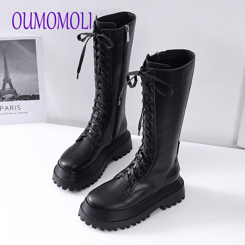 Bottes mi-mollet bottes femmes plate-forme noir PU croisé à lacets mi-mollet printemps automne bottes grande taille 35-40 V252