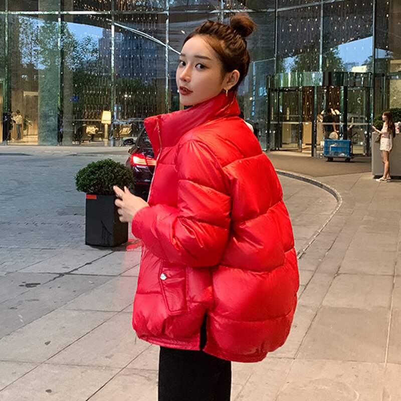 Solide Col Montant Courtes Oversize Veste Hiver Femme Doudoune Mat Parkas Épaissir Fermeture Éclair Décontracté Outwear Femmes