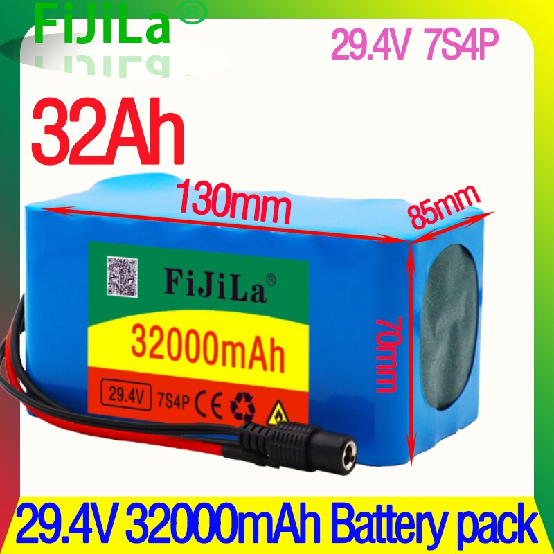 Batterie lithium-ion 7S4P 24V, 29V, 32ah, 18650, rechargeable, avec système BMS 15a et chargeur 29.4V