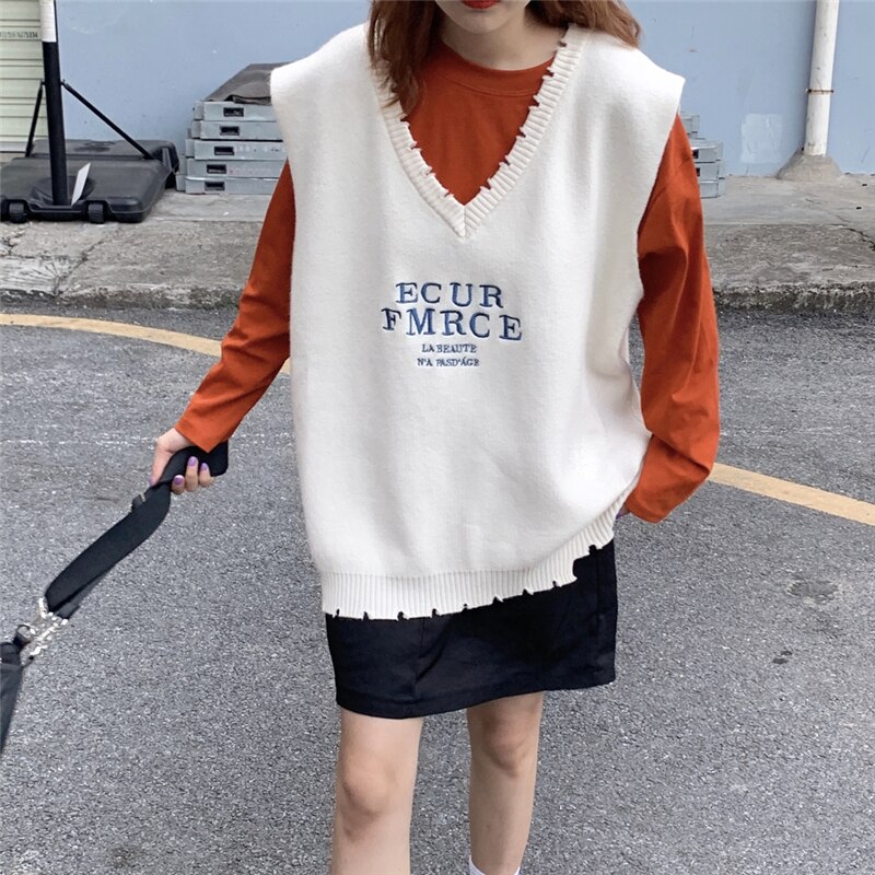 Blå bogstav oversize strik veste kvinder efterår koreansk stil v-hals løs sweater veste kvindelige csual streetwear veste: Hvid