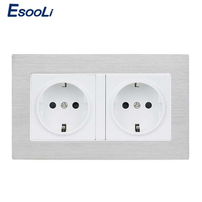 Esooli sort aluminium metalpanel vægstik eu standard stikkontakt 16a eu standard el dobbeltstik 146mm * 86mm: Hvid