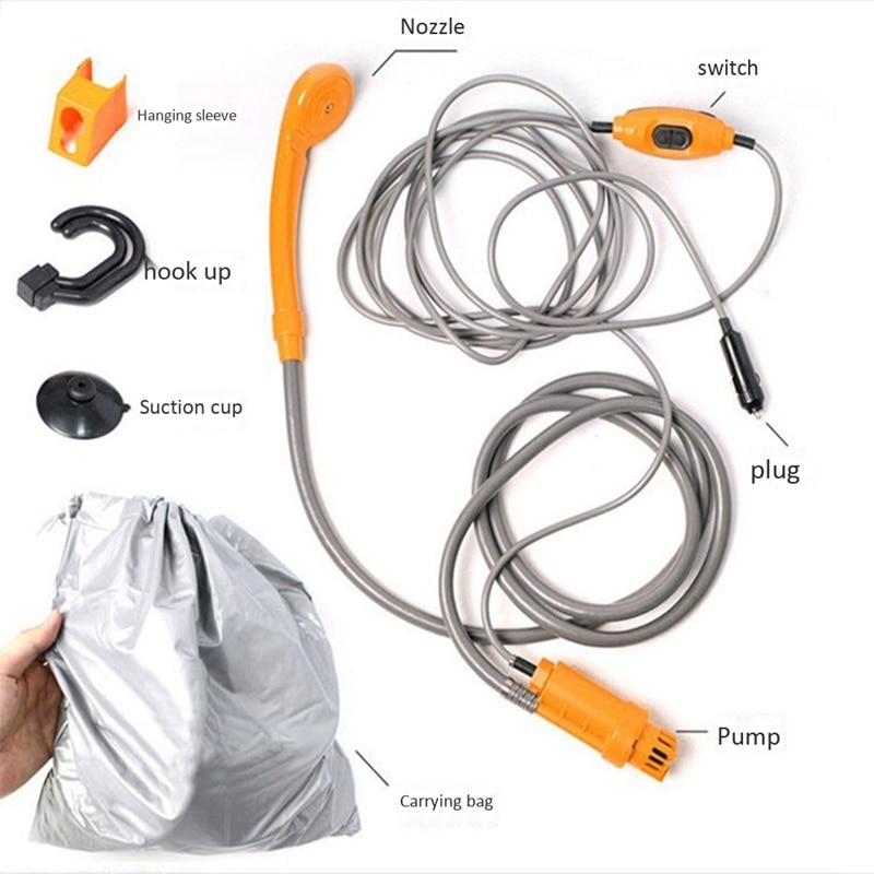 AU05 -12V Portable Car Washer Camping Shower High Pressure Car Shower Set Electric Pump Sprayer with Folding Bucket