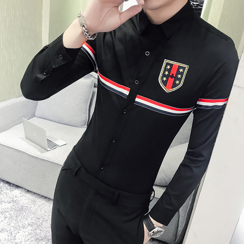 Brand Fall Mens Dress Shirts Casual Streetwear Slim Fit Men Shirt Long Sleeve Night Club Work Social Shirt Size Plus S-5XL: black / 5XL 80-85KG