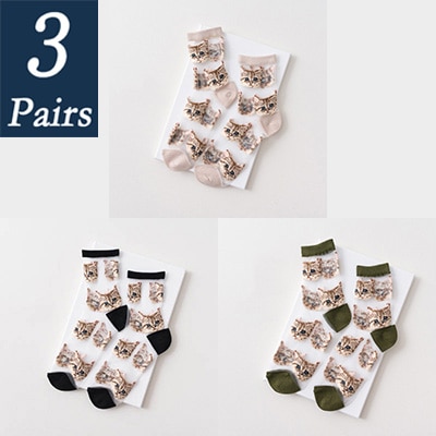 3 par kvinnor och #39 sommar genomskinliga nätstrumpor tecknad söt kattstrumpa bomull glasfilament tunna damstrumpor som andas: 8