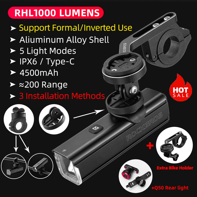 ROCKBROS Bicycle Light 1000LMType-C Charging Waterproof Bike Light Front Lamp Rechargeable Cycling Headlight Aluminum Flashlight: black