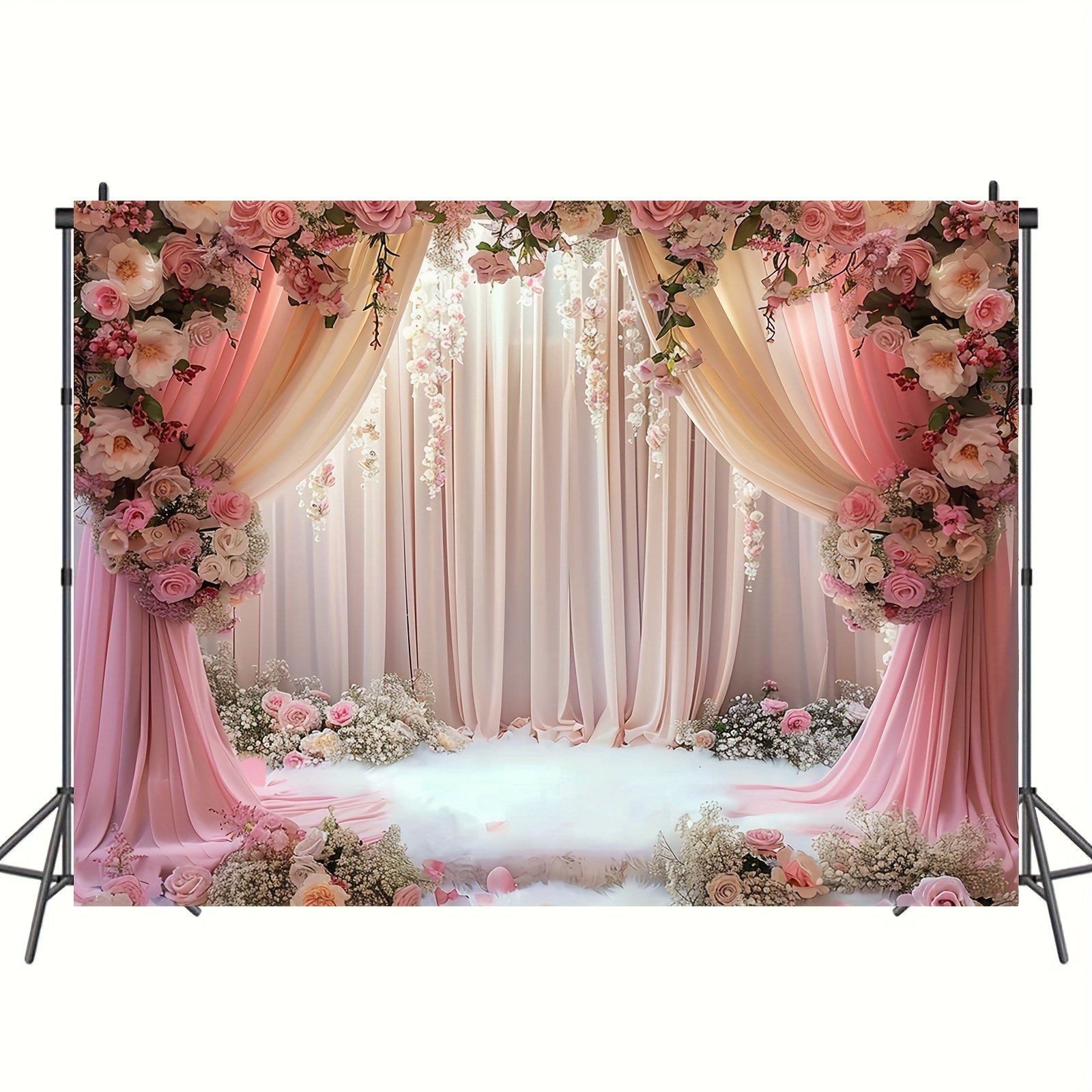 Romantic pink floral polyester background curtains, photo booths decorate bridal showers, engagements and weddings