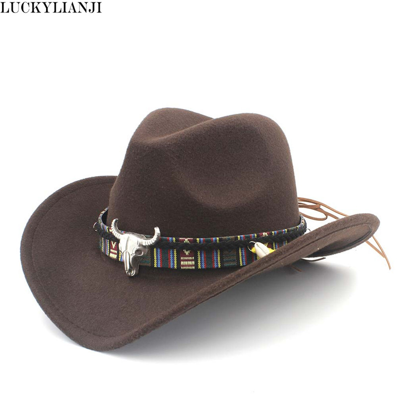 Luckylianji Kind Kid Jongen Meisje Wolvilt 100% Western Cowboy Hoed Brede Rand Cowgirl Koe Hoofd Lederen Band (Een maat: 54Cm)