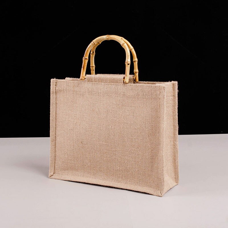 Mode Linnen Boodschappentas Jute Grof Geweven Handtas Vintage Tassen Bamboe Lus Handgrepen Retro Waterdichte Draagbare Tas