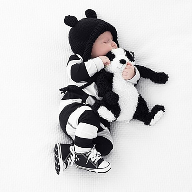 0-24M baby girl clothes Romper winter Long Sleeve Black White Striped Pocket Romper Casual baby boy clothes