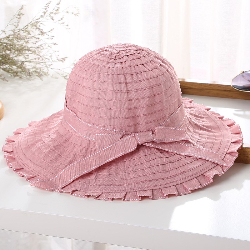 Women Hat Korea Style Bowknot Foldable Large Wide Brim Hats Anti-UV Adjustable Ladies Beach Sun Basin Caps: Paars