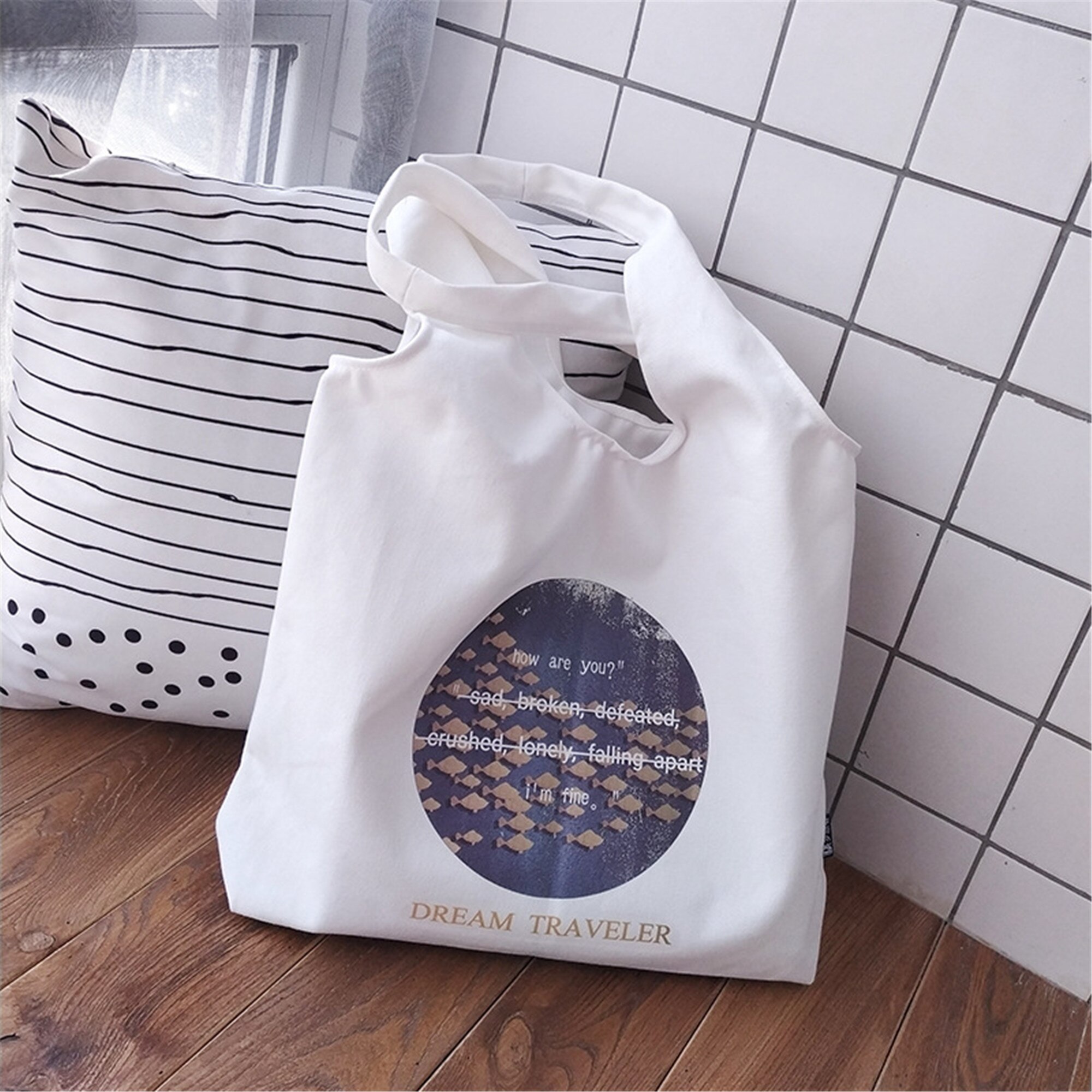 Katoenen Canvas Eco Shopping Tote Schoudertas Handtas Print Ronde Patroon BF31