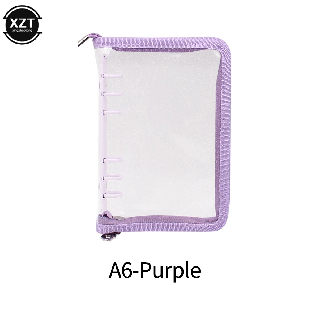 A5 A6 Loose-Leaf Notebook Cover Glitter Zipper PVC Notebook Korean Stationery Diary 6 Hole Binder Clip Notebook Office Planner: A6-PURPLE
