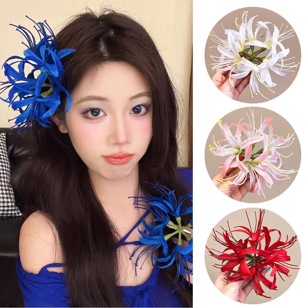 Red Spider Lily Hairpin Hair Accessories Big Flower Duckbill Clip Beach Bangs Side Clip Blue Simulation Flower Hairpins