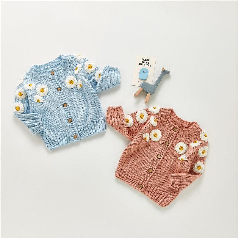 Blotona – Cardigan tricoté pour bébés filles, haut décontracté à col rond et manches longues, avec broderie marguerite, à simple boutonnage, pour l&#39;automne et l&#39;hiver