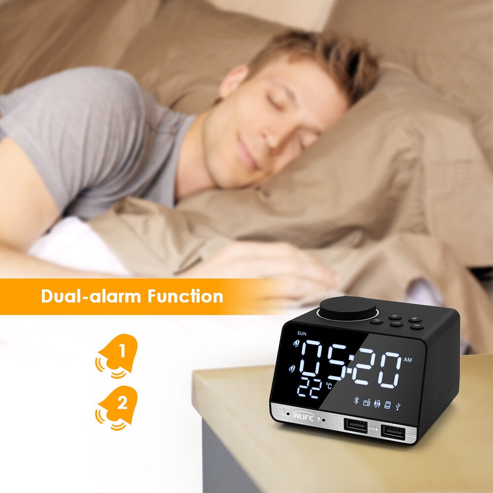 K11 Bluetooth 4.2 Radio Alarm Clock Speaker With 2 USB Ports LED Digital Alarm Clock Home Decration Snooze Table Clock EU Plug