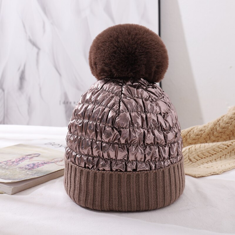 Cntang hoed voor dames, warme wintermutsen, donsmutsen, imitatie konijnenbont pompon, reflecterende mutsen, dames casual pet: Kameel