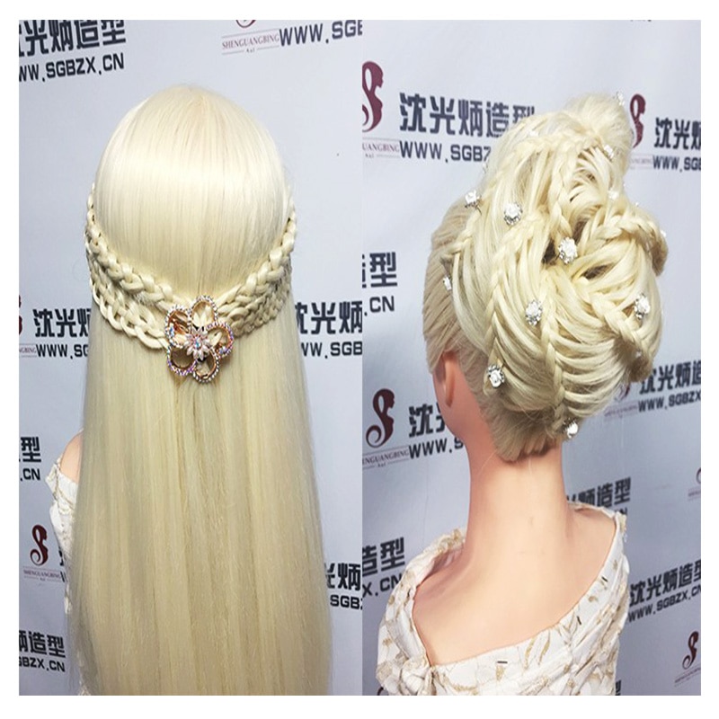 Grote stylingkop met blond haar, 65cm dikke haarpruikenkoppen voor kappersopleiding, mooi mannequinhoofd