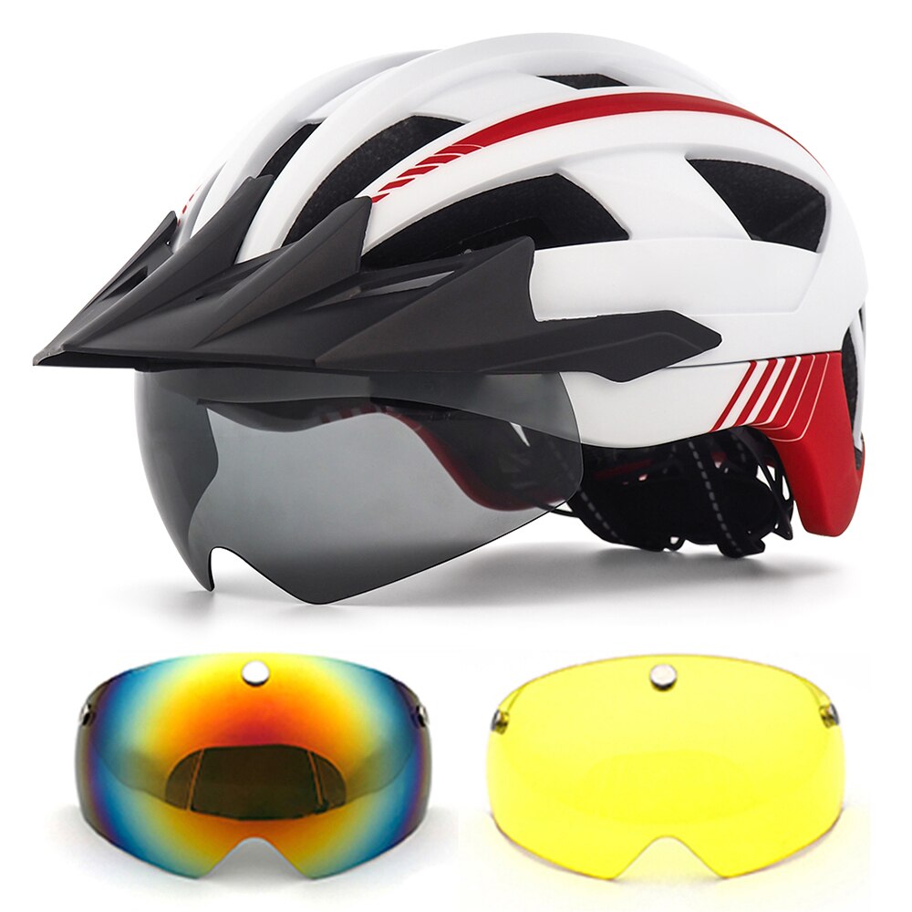 MTB Cycling Helmet XC Off-road Road Mountain Bike Bicycle Helmets With Sun Visor and Goggles for Men women Cycling sports helmet: White red-2