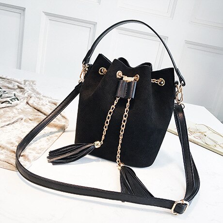 Mini bandoulière sacs à main mignon daim seau sac organisateur petit gland en cuir PU femmes sacs à bandoulière Bolsos: Black