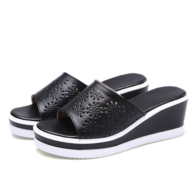 Jzzddown kvinder læder sko slip on strand sandaler hjemmesko damer kork kile sandaler kvindelige platform sandaler sko kvinde sommer: 8455 sorte / 6