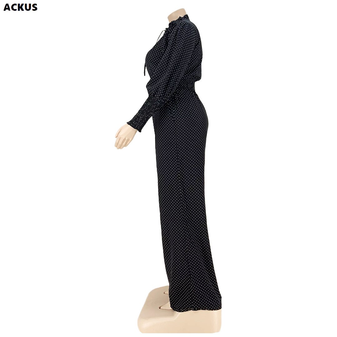 ACKUS Plus Größe Punkt frauen einstellen Streetwear Elegante Blusen Spitzen und Breite Bein Gerade Hosen Passenden Zwei 2 Stück einstellen Outfits