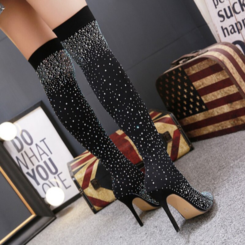 Zoelea femmes cristal Stretch tissu chaussette bottes bout pointu sur le genou talon cuisse haut bout pointu femme botte