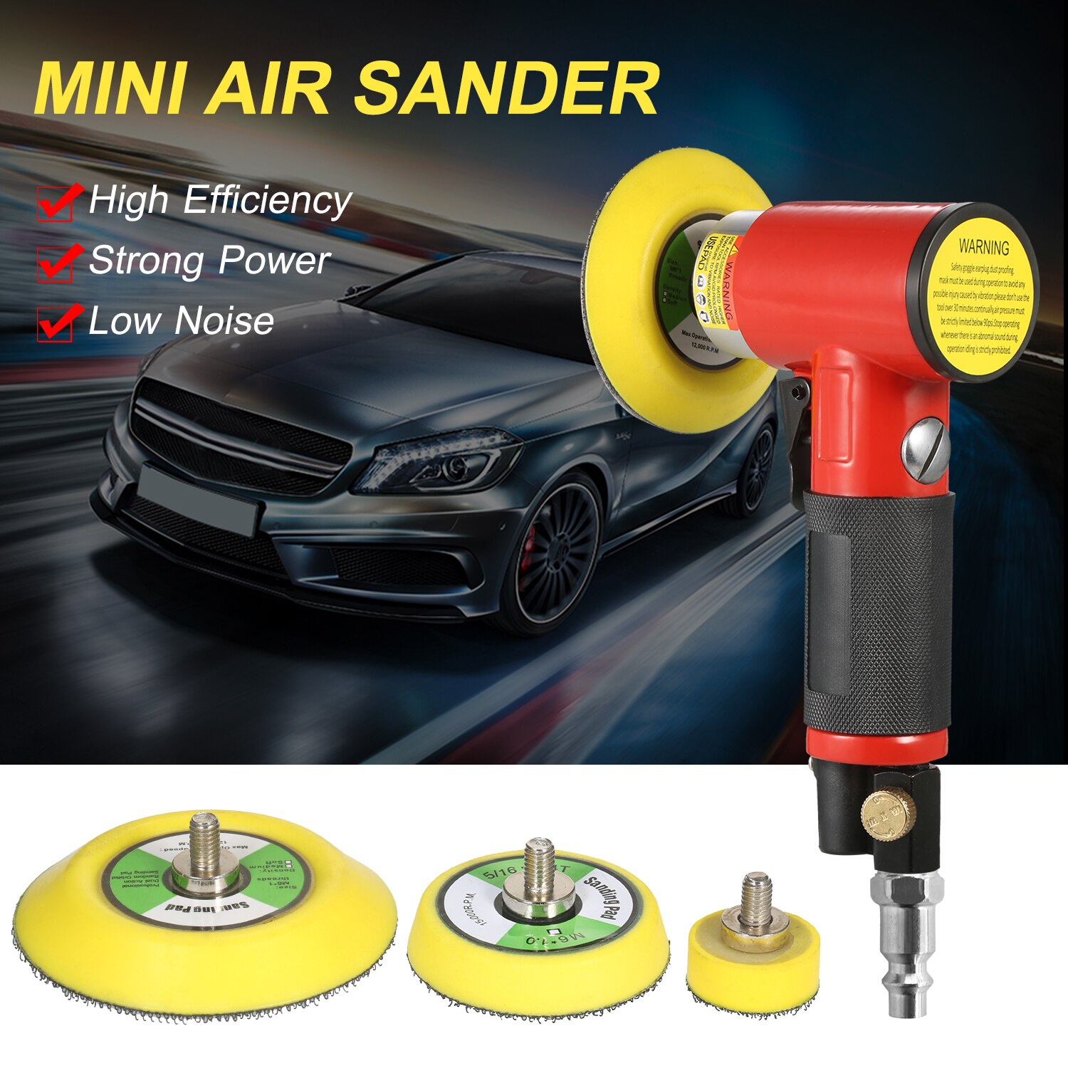 Mini Air Sander with 1/2/3 Inch Sand Disks Random Orbital Pneumatic Sander Air Powered Sanders &amp; Polisher with 15 Sandpapers