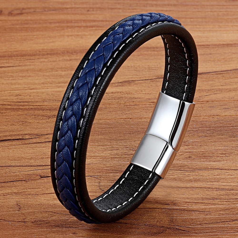 Armband Mannen Roestvrij Staal Lederen Armbanden Magnetische Sluiting Gevlochten Trendy Armband Armband Charme Armbanden Mannelijke Pols Band Cadeaus