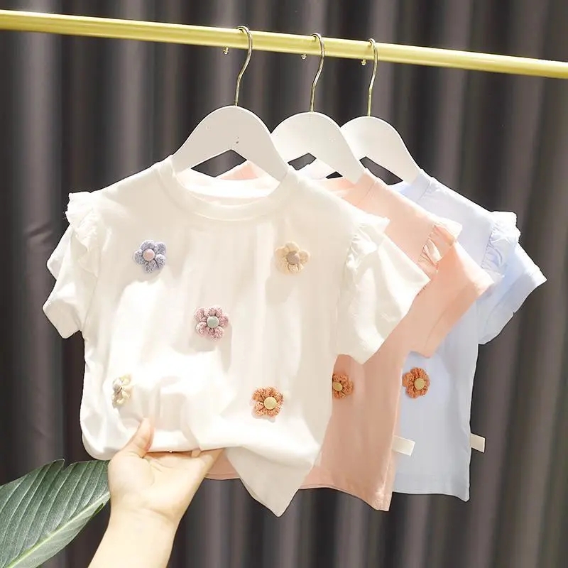 Ragazze di estate T-Shirt dei Nuovi bambini Del Bambino Sveglio Del Merletto a maniche corte Top Po &#39;Della Ragazza del Cotone Che Basa La Camicia