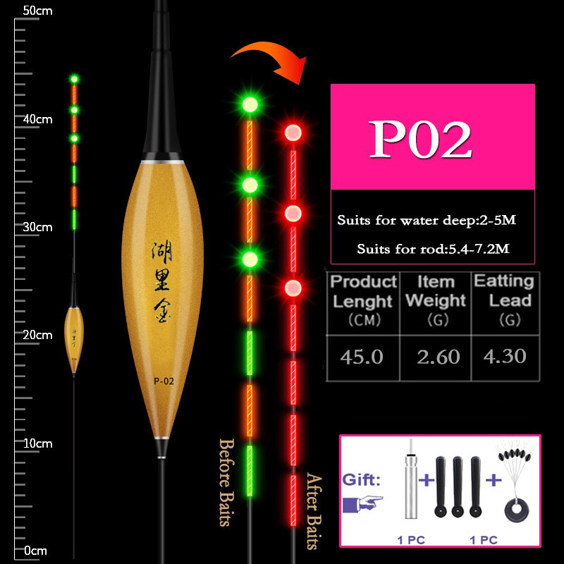 HLJFISHING Fishing Float Electric Float Gravity Sensor LED Luminous Floats Smart Ic Build-in High Brightness Day-Night Dual-Use: P02 1 piece